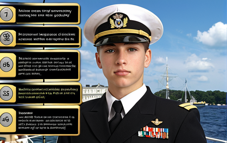 **

A young naval officer progressing through the ranks, showcasing different uniform changes from Midshipman to Captain 1st rank. Display a visual representation of the naval career ladder, emphasizing dedication and years of service. Include a naval academy building in the background.

**