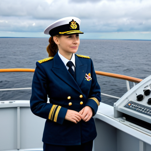 **

"A professional female naval officer, fully clothed in a crisp, dark blue uniform with gold accents, standing confidently on the bridge of a modern Russian Navy vessel. The bridge is filled with complex instruments and displays. Outside, a calm, gray Baltic Sea stretches to the horizon under a cloudy sky. Perfect anatomy, correct proportions, professional, modest, safe for work, appropriate content, fully clothed, family-friendly, high quality."

**