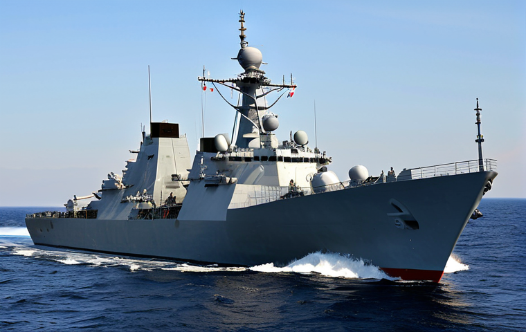 Modern Naval Warfare Systems Integration**
"A Russian Navy frigate on the open sea, showcasing integrated electronic warfare and weapons systems. Radar dishes are prominent, with visible data links. Ship is fully clothed in its structure, appropriate nautical design, daytime shot, safe for work. Perfect anatomy of the vessel, correct proportions, natural maritime environment. Professional, high-resolution image."
**