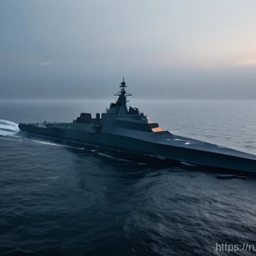 해군의 함대 방어 체계 - **Prompt:** A state-of-the-art stealth warship, sleek and angular, with dark, radar-absorbing metall...