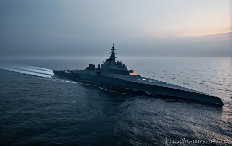 해군의 함대 방어 체계 - **Prompt:** A state-of-the-art stealth warship, sleek and angular, with dark, radar-absorbing metall...
