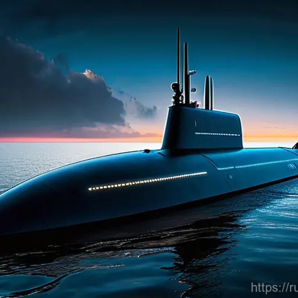 해군의 전력 증강 계획 - **A Futuristic Submarine and AUV Deployment:** A highly detailed, cinematic shot of a cutting-edge, ...