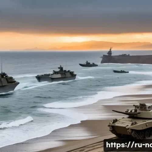 해군과 상륙작전 개념 - A detailed scene of a modern amphibious assault landing on a rugged coastline at dawn, showing a var...