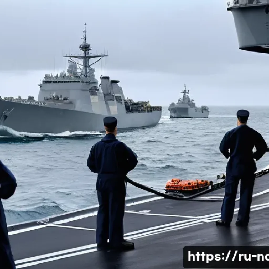 해군의 전시 군수 지원 체계 - A highly detailed scene showing a naval supply operation at sea during military conflict: auxiliary ...