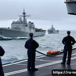 해군의 전시 군수 지원 체계 - A highly detailed scene showing a naval supply operation at sea during military conflict: auxiliary ...