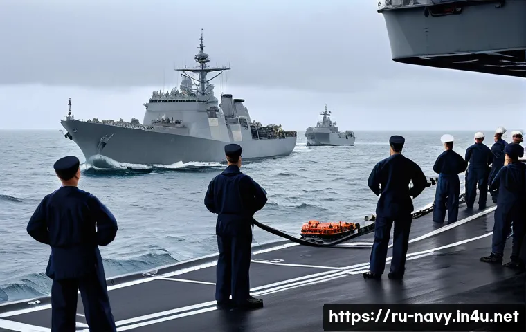 해군의 전시 군수 지원 체계 - A highly detailed scene showing a naval supply operation at sea during military conflict: auxiliary ...