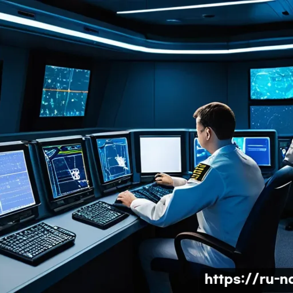 해군 작전 기밀 유지 방법 - A high-tech naval communication room inside a modern warship, showing a diverse crew of sailors in u...