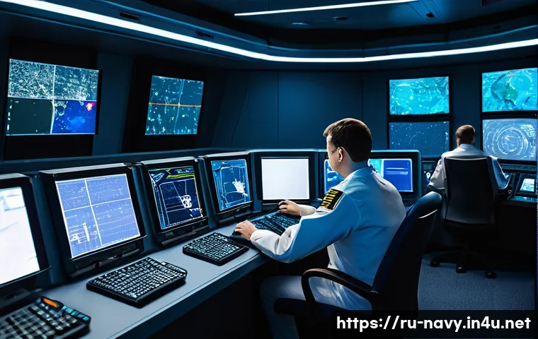 해군 작전 기밀 유지 방법 - A high-tech naval communication room inside a modern warship, showing a diverse crew of sailors in u...
