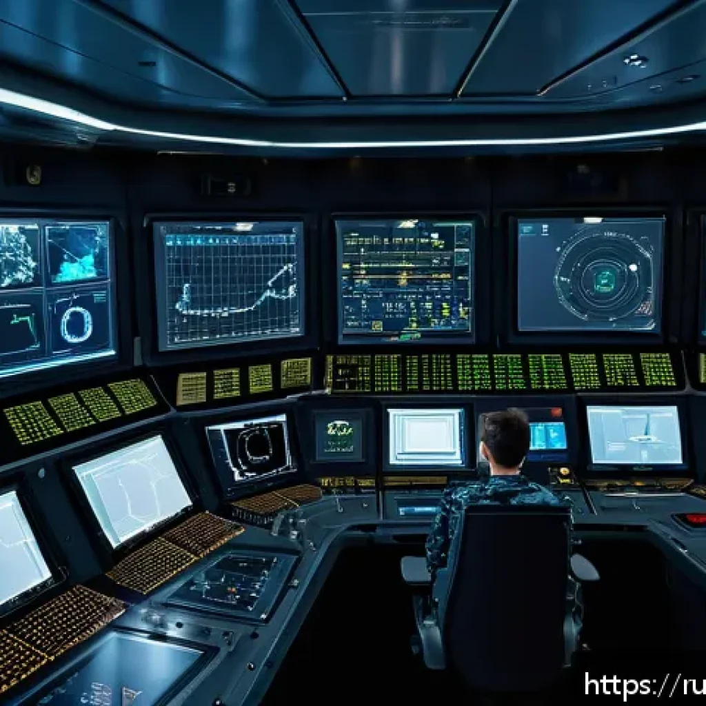 해군 함정 유지보수 및 정비 - A modern Russian naval frigate&rsquo;s engine room showcasing advanced predictive diagnostic systems in ac...