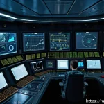 Home 22 해군 함정 유지보수 및 정비 - A modern Russian naval frigate’s engine room showcasing advanced predictive diagnostic systems in ac...