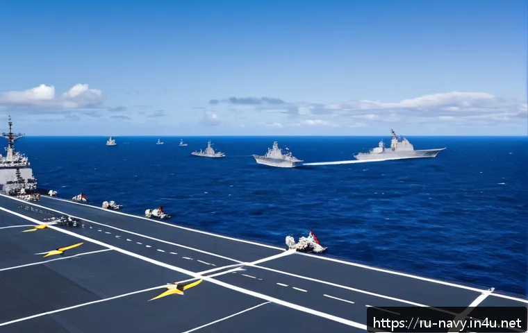 해군 국제 협력 및 동맹 관계 - A detailed scene of a multinational naval exercise in the Pacific Ocean, featuring diverse naval shi...