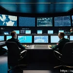 Home 20 해군의 해상 위기 대응 능력 - A high-tech naval command center on a Russian warship bridge, featuring multiple large digital scree...