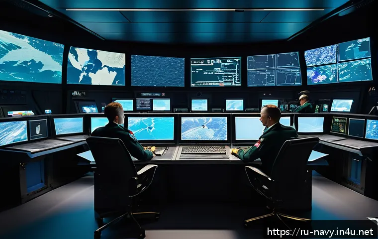 해군의 해상 위기 대응 능력 - A high-tech naval command center on a Russian warship bridge, featuring multiple large digital scree...