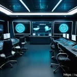 Home 18 해군의 기밀 보안 시스템 - A highly detailed futuristic naval command center interior, showcasing multi-level encryption system...