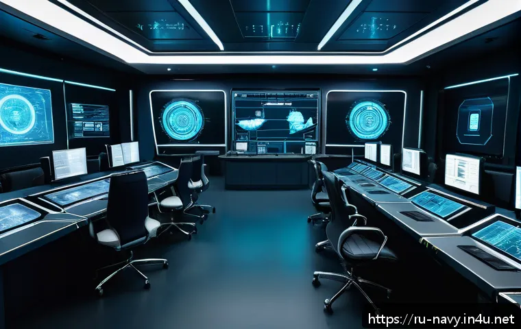 해군의 기밀 보안 시스템 - A highly detailed futuristic naval command center interior, showcasing multi-level encryption system...