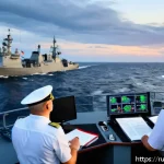 Home 23 해군과 해양법 관계 - A detailed scene of a multinational naval fleet exercise in the Baltic Sea featuring warships from R...