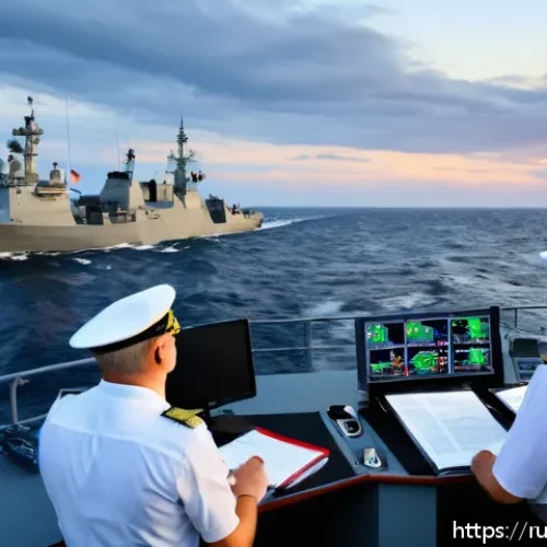 Home 17 해군과 해양법 관계 - A detailed scene of a multinational naval fleet exercise in the Baltic Sea featuring warships from R...