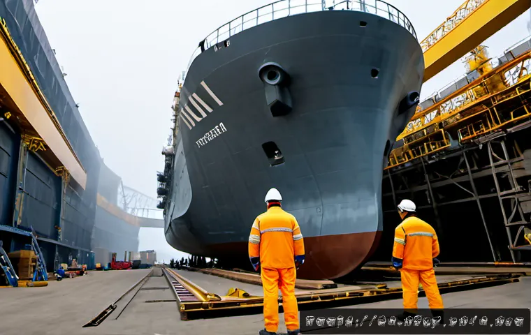 해군 함정 건조 과정 - Photorealistic wide-angle view inside a large northern Russian shipyard, a modern gray naval frigate...