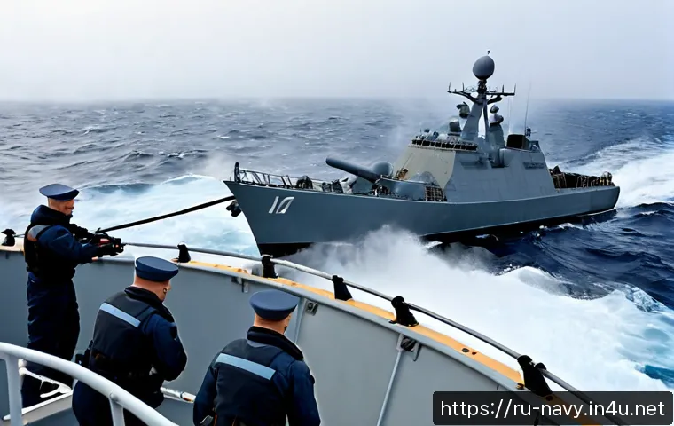Home 17 해군의 해상 전술 훈련 - Photorealistic Russian naval tactical training at sea, a modern gray patrol vessel maneuvering throu...