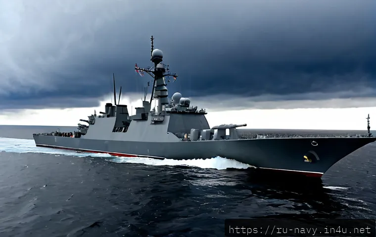 Home 17 해군 함정의 무장 시스템 - Photorealistic modern naval frigate at sea, viewed from a low front-quarter angle, detailed deck-mou...
