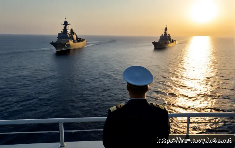 Home 17 해군의 국제 연합 작전 참여 - Photorealistic international naval coalition operation at dawn, a Russian naval officer in a clean d...